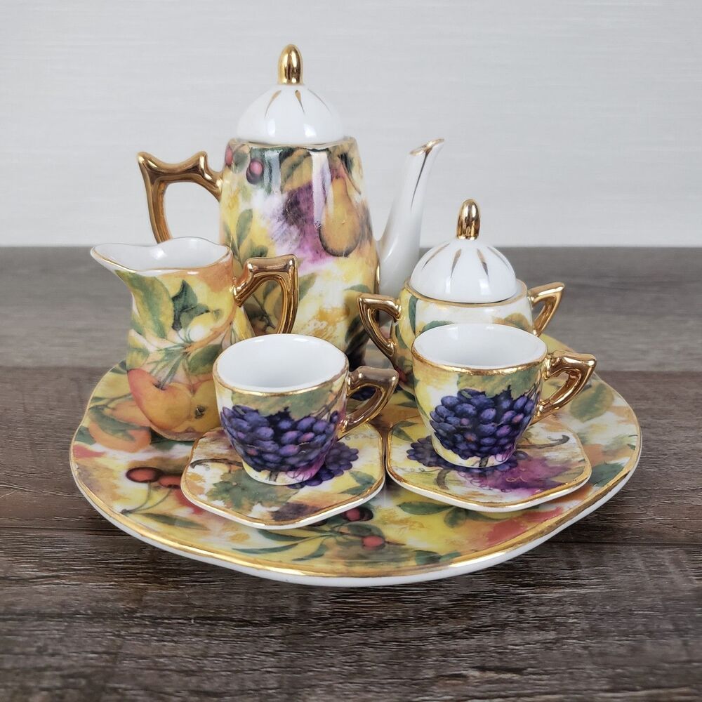 Miniature Dollhouse Tea Set Floral & Fruit  Gold Trim Tuscan Vineyard Harvest